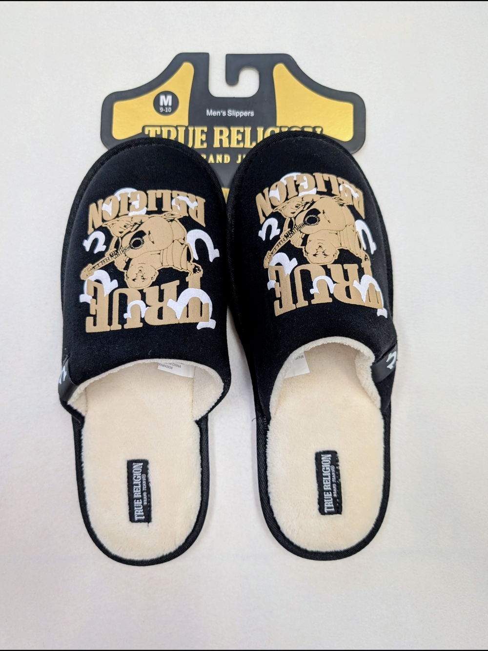 True Religion Men's Black Logo Slippers White Plush Lining NWT Size 9-10